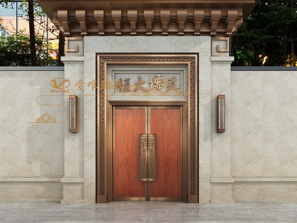 佛山別墅銅門廠家愛唯銅藝——中式風格木紋腐蝕效果銅門